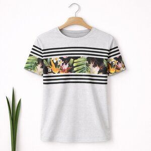 INDIGO | Grey Striped Palm Graphic Tee – Men’s Large